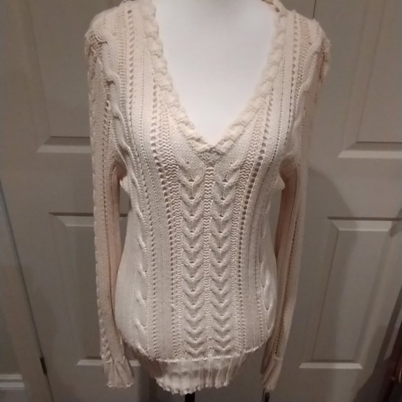 Long, V-Neck, Cable Knit Off White Pullover Sweater MEDIUM 100% Cotton - Picture 1 of 5